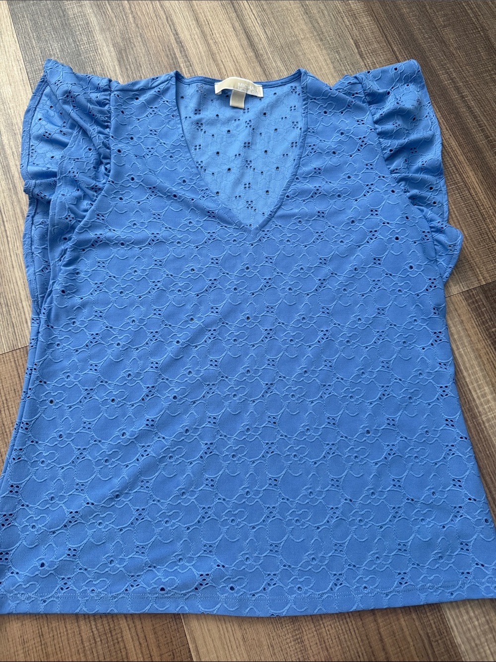 Michael Kors Perforated V-Neck Short Sleeve Top - Blue